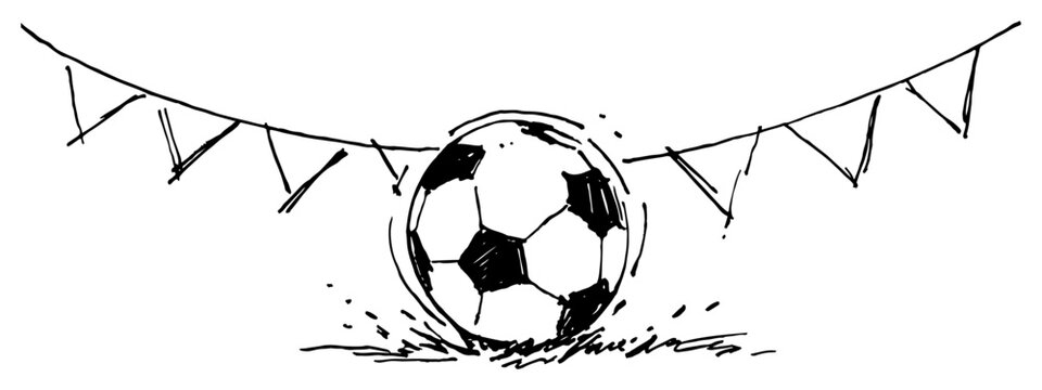 Soccer ball with festive bunting flags and party atmosphere sketch style