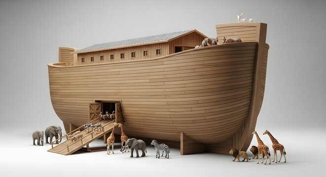 Large Wooden Ship Model with Miniature Figures and Animals.