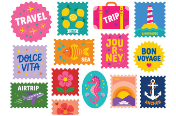Travel themed postage stamp set flat vector illustration. © NAZMA