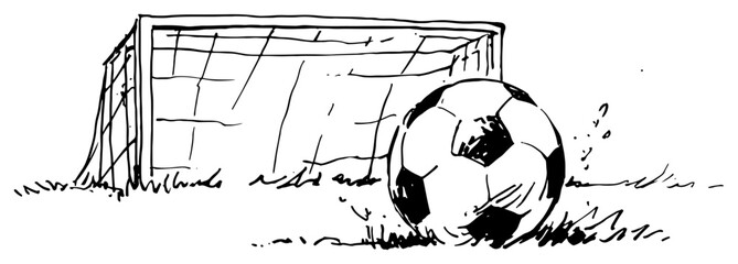 Soccer ball on the pitch near a goal net in hand drawn sketch style © Celestynka