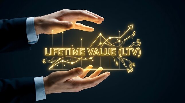 Hands holding glowing Lifetime Value LTV graph with data points and connections.