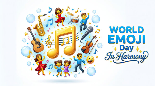 World emoji day in harmony with musical instruments and dancing figures musical note social media