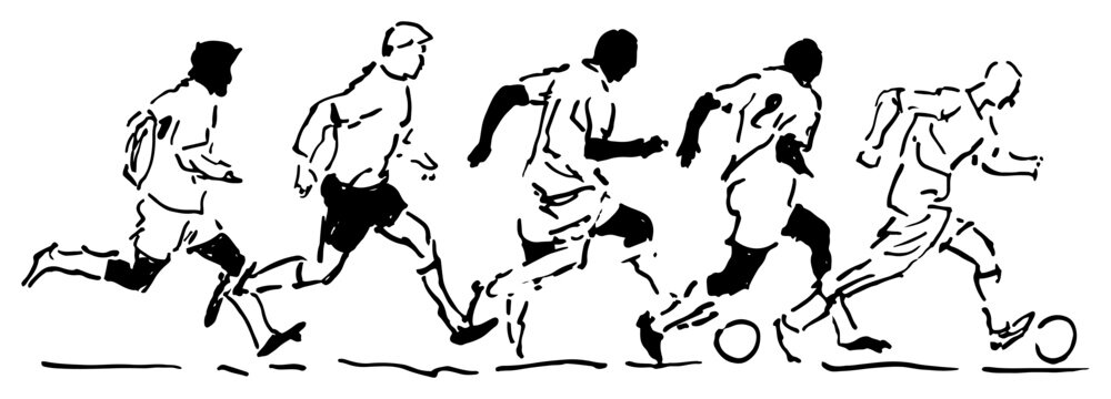 Football players group running and dribbling the ball in hand drawn sketch style