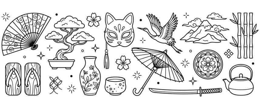 Japanese cultural elements outline vector illustration.