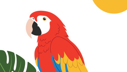 Fototapeta premium Close up of a vibrant scarlet macaw parrot head against a white background with tropical leaves and a yellow sun element.