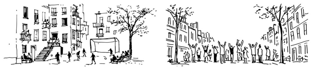 Street soccer games in urban neighborhood and city square sketch style © Celestynka