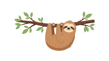 Fototapeta premium Peaceful sloth sleeping while hanging from a tree branch with green leaves against a simple white background for nature themes.