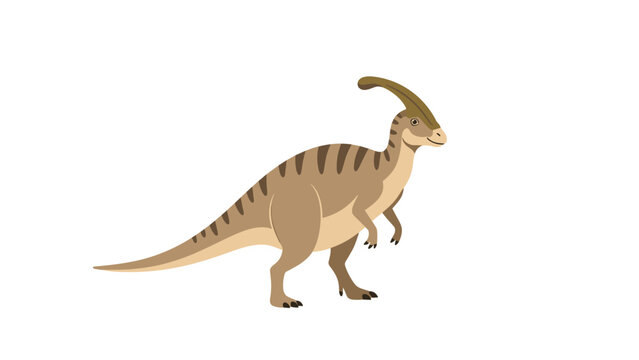 Parasaurolophus dinosaur with a distinctive head crest standing on a plain white background in a detailed cartoon style illustration.