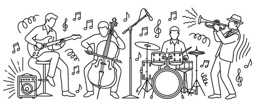 Jazz band performing music on stage outline vector illustration.