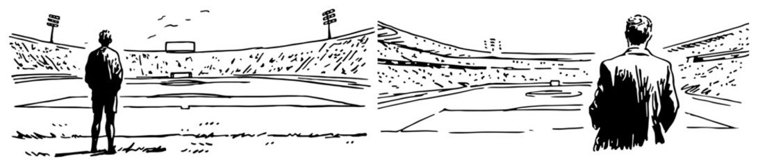 Soccer manager standing and watching a large empty stadium arena in hand drawn sketch style © Celestynka