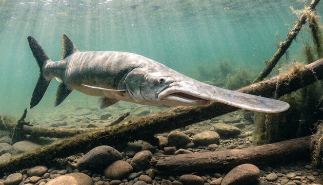 American paddlefish filter feeding in a murky freshwater river habitat