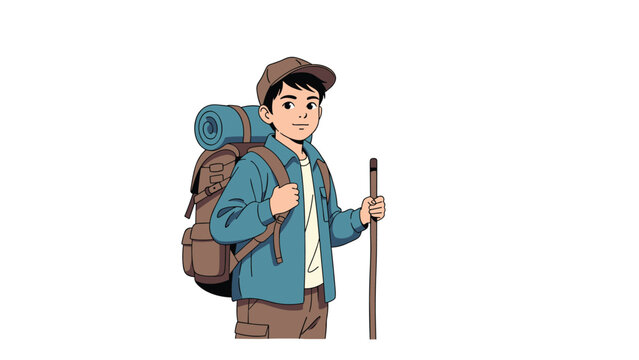 Young boy hiker wearing a backpack with a bedroll and holding a walking stick ready for an outdoor mountain trekking adventure.