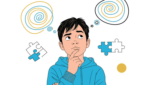 Young boy thinking deeply with puzzle pieces and swirl graphics around his head representing problem solving and brain development.