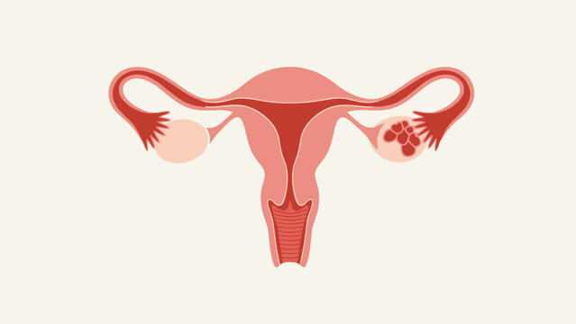 Medical illustration of the female reproductive system showing the uterus fallopian tubes and ovaries with polycystic ovary syndrome.