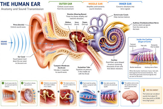 3D Human Ear Anatomy Infographic with Sound Transmission and Inner Ear Structure