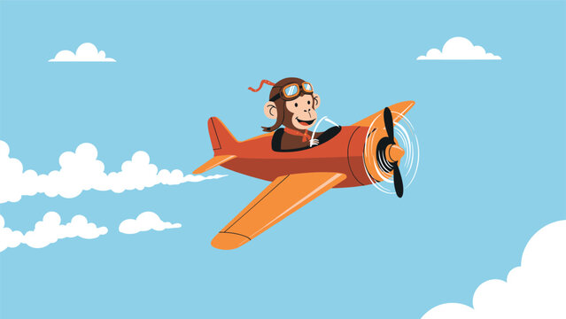 Playful monkey pilot wearing goggles and a scarf flying a red propeller airplane through a blue sky with white clouds.