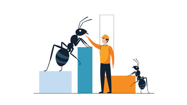 Worker in an orange hard hat standing between giant ants and bar charts representing teamwork and business growth concepts.