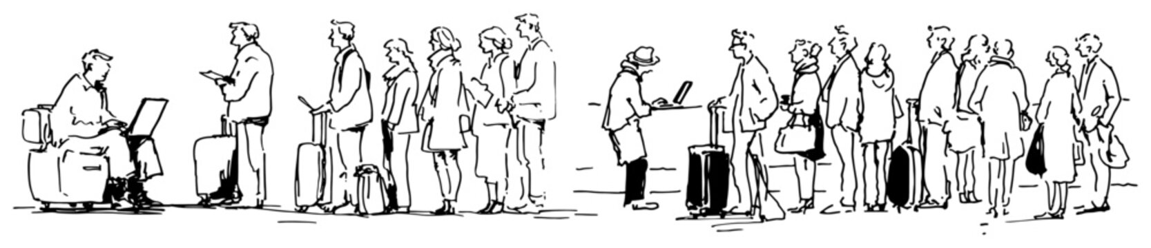 Long line of people queuing with suitcases and luggage in sketchy hand drawn style