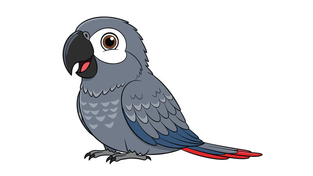 Detailed illustration of a grey parrot with distinctive white face markings and a red tail sits quietly on a plain white background area.