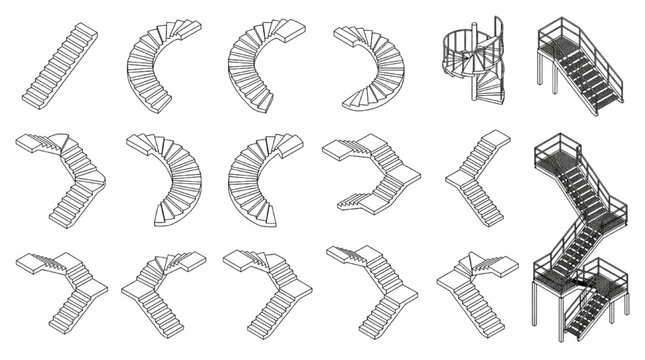 Architectural Staircase CAD Block Set Featuring Spiral, Curved and Industrial Isometric Stair Designs