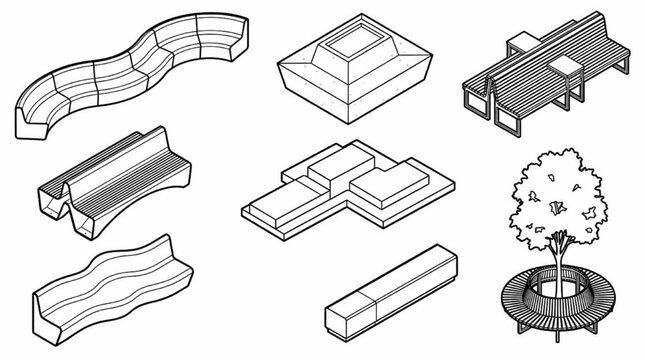 Isometric Urban Furniture CAD Block Collection with Modular Benches, Tree Seating and Architectural Elements
