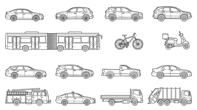 Urban Transport Vehicle CAD Collection with Cars Bus Bicycle Scooter and Utility Trucks