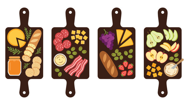 Appetizer serving boards with cheese meat bread fruits and snacks.
