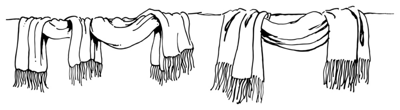 Fringed fabric scarves hanging in a row in hand drawn sketch style