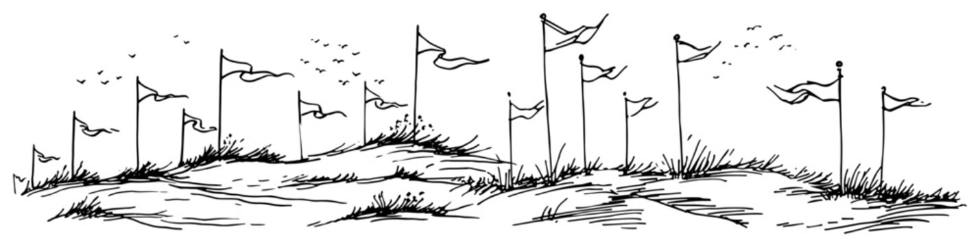 Flags on poles planted on grassy hills with birds in hand drawn sketch style