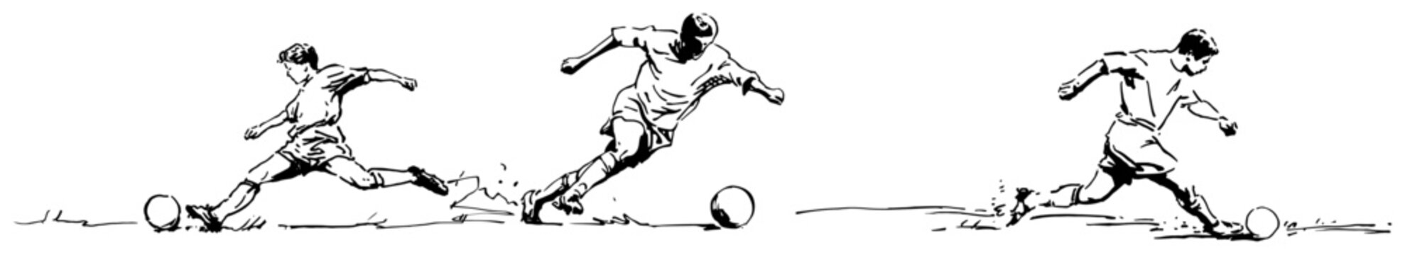 Soccer players in action kicking ball and running in motion sketch style