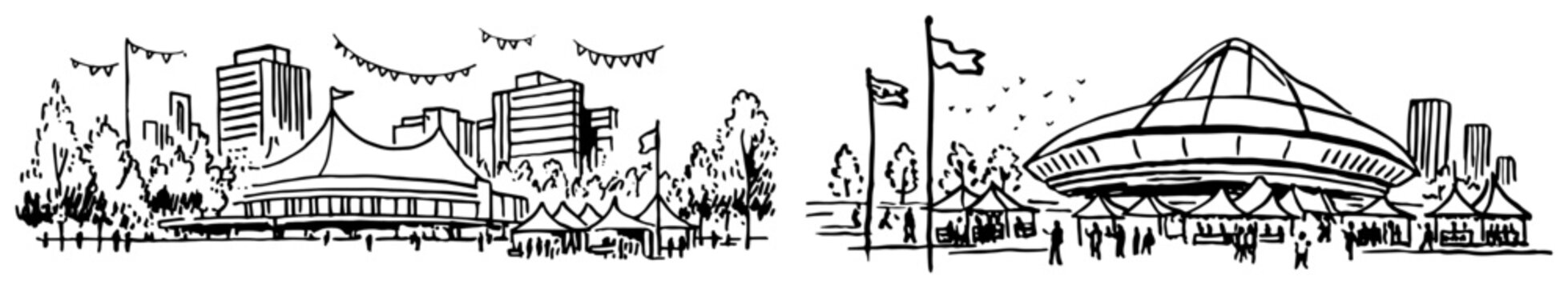 Outdoor city festival with circus tents and flags in hand drawn sketch style