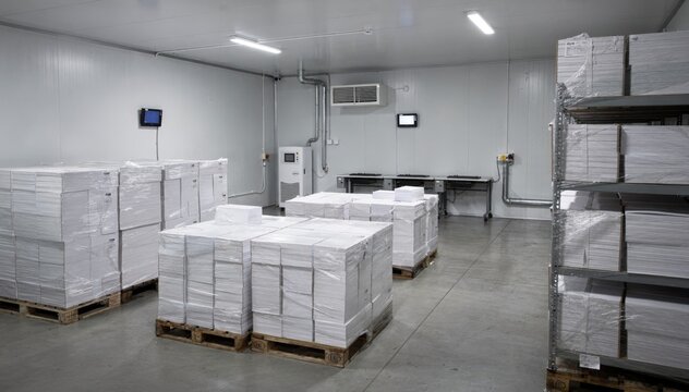 Medium shot of climatecontrolled storage room showcasing neatly stacked palletized paper reams under regulated temperature and humidity. Medium shot capturing open cartons filled