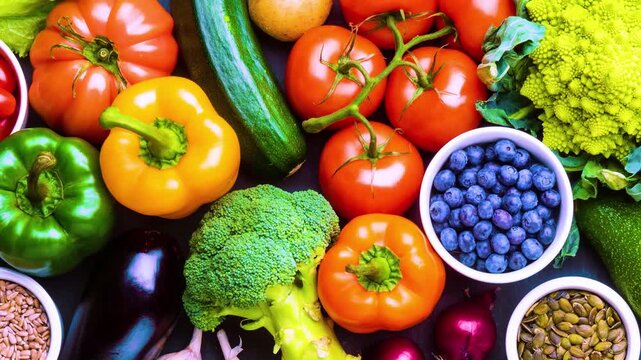 Flat lay of fresh tomatoes bell peppers zucchini and blueberries