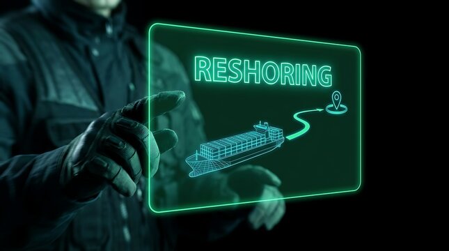 Person interacting with a digital screen displaying the word Reshoring and a ship route.