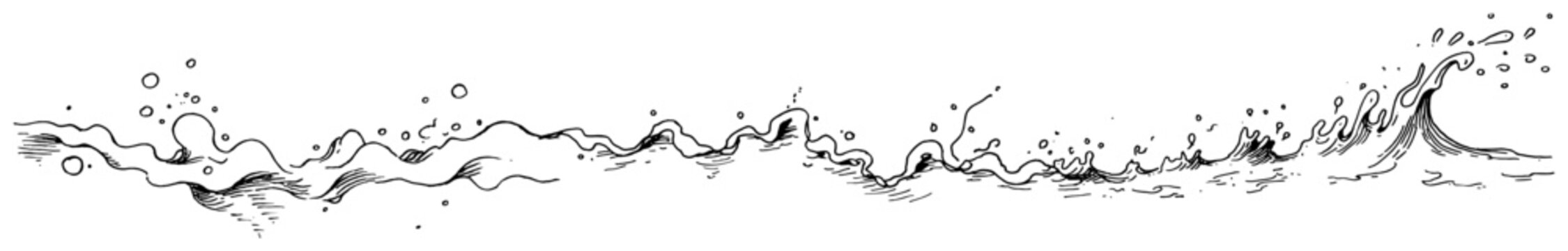 Ocean waves splashing with bubbles and sea foam in decorative sketch style