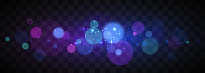 Abstract glowing blue and purple bokeh lights on transparent background. Magical light effect. Vector illustration © hobbitfoot