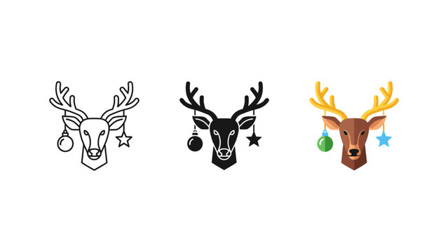 Christmas reindeer head icons: outline silhouette festive color with reindeer christmas silhouette