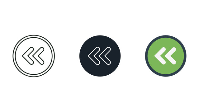Rewind button icons: outline solid black green circular with silhouette circular chevrons