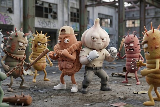 Garlic fights pathogenic flora and bacteria, cartoon garlic and intestine as fighters against bad microbes, immunity, health, gut protection, antibacterial, detox, cartoon, defense, wellness, humor.