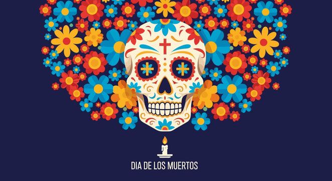 Mexican Day of the Dead calavera with flowers and candle