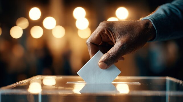 A Black man casts his ballot into a clear box, advocating for voting and social justice