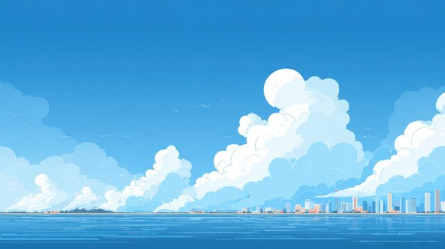 Vast Blue Sky Over Calm Ocean with Distant Cityscape and Clouds.