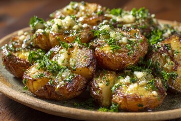 Fototapeta premium Crispy smashed potatoes with garlic butter and fresh parsley on a rustic plate