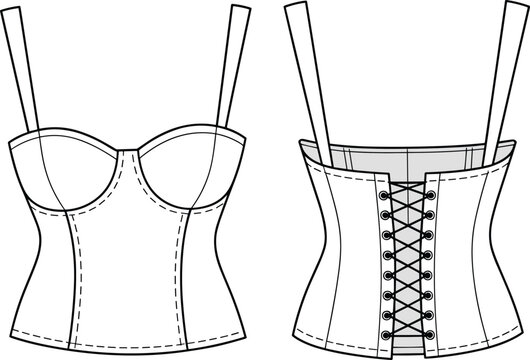 Women Lace Up Corset Bustier Top Technical Fashion Flat Sketch with Front and Back View Illustration