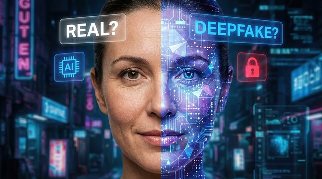AI generated deepfake technology challenges face identity replication and fake news detection in digital media with realistic visual effects