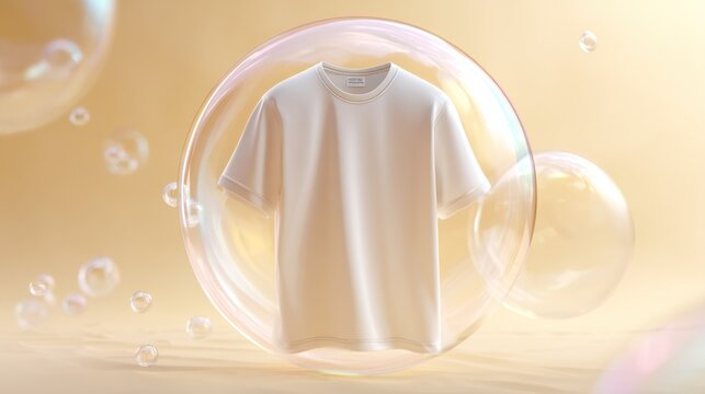A white t-shirt floats in a bubble with yellow background