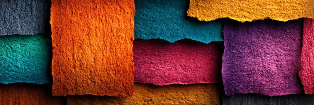 Handmade paper scraps with torn edges arranged in a vibrant collage for creative design projects and artistic layouts featuring orange teal pink and purple textured surfaces