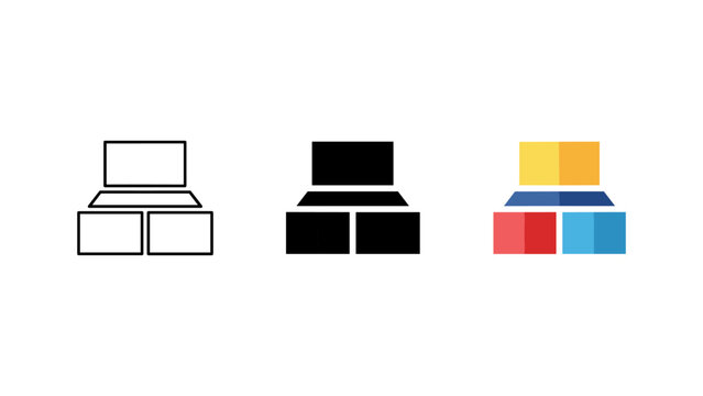 Stack of blocks or modules in outline solid black color illustration with multi colored, silhouette