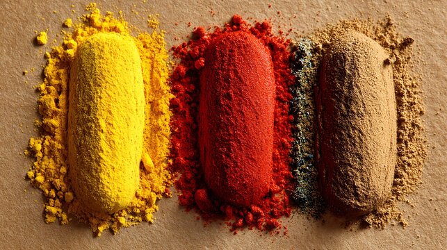 Vibrant aromatic spice powders including turmeric paprika and cumin arranged in neat mounds on textured paper for culinary blogs recipe books or healthy eating marketing campaigns