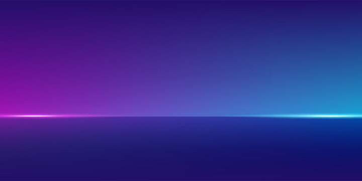 Blue and purple gradient studio background. Wallpaper features modern bright neon lines glowing from the stage floor. Abstract sci-fi glowing room concept. Futuristic minimalist walls.